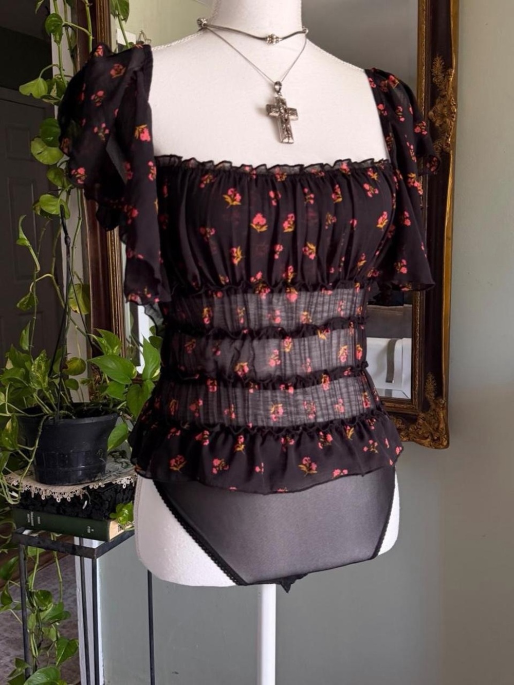 Free People Intimately ruffle black floral lace body suit
